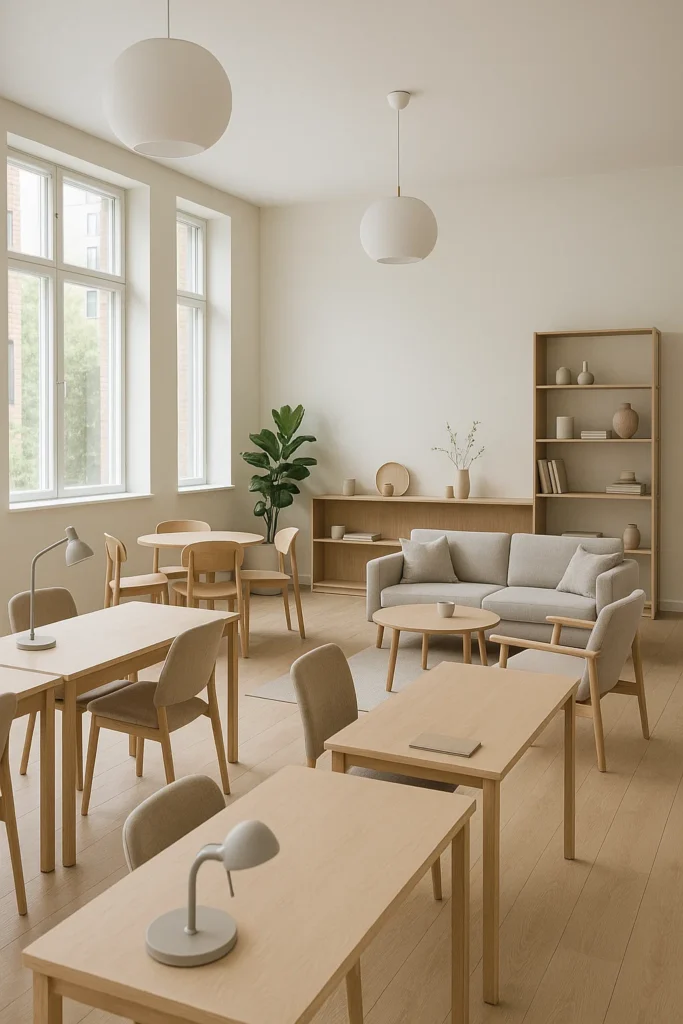 Indbydende kontorrum med lyse træmøbler, sofaområde, grøn plante og store vinduer, der giver masser af dagslys.