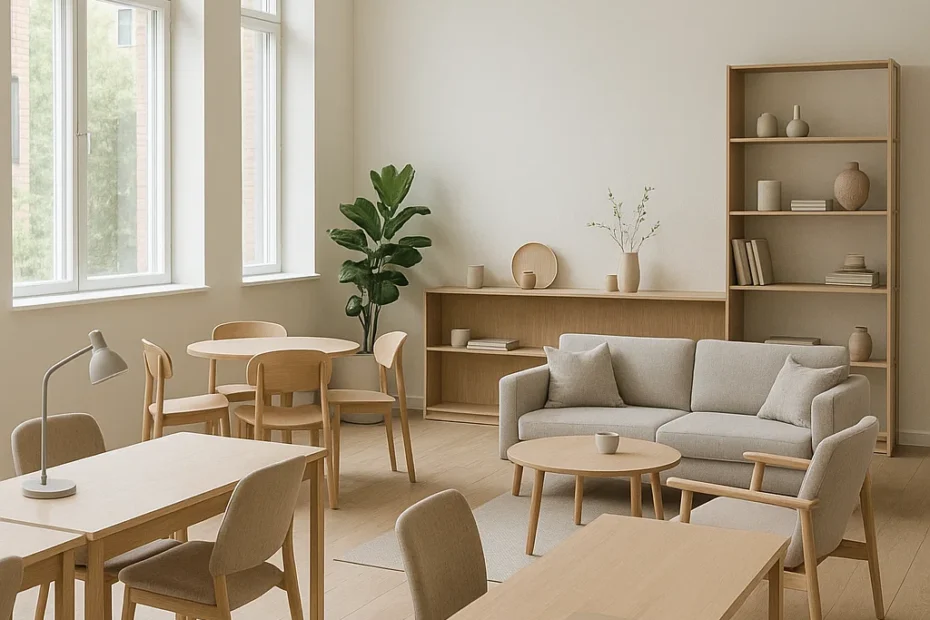 Indbydende kontorrum med lyse træmøbler, sofaområde, grøn plante og store vinduer, der giver masser af dagslys.