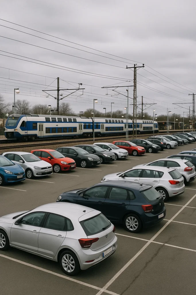 En række parkerede biler på en parkeringsplads tæt på jernbanespor, hvor et moderne blå-hvidt regionaltog passerer forbi på en overskyet dag.
