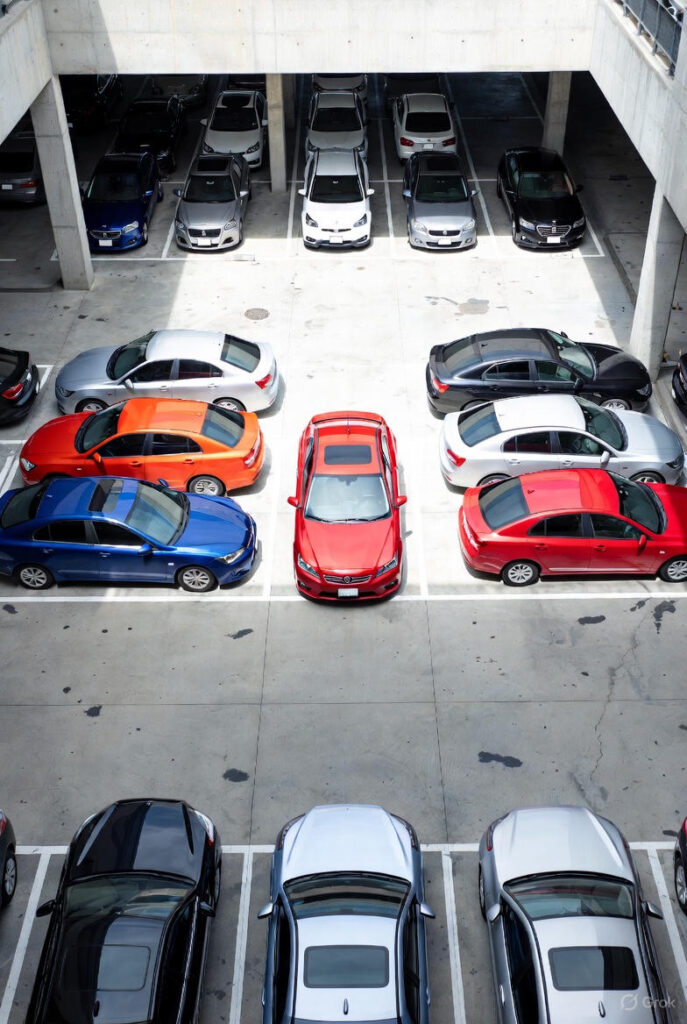 Luftfoto af en parkeringsplads med flere rækker af parkerede biler i forskellige farver, markeret med hvide linjer og pile på asfalten.